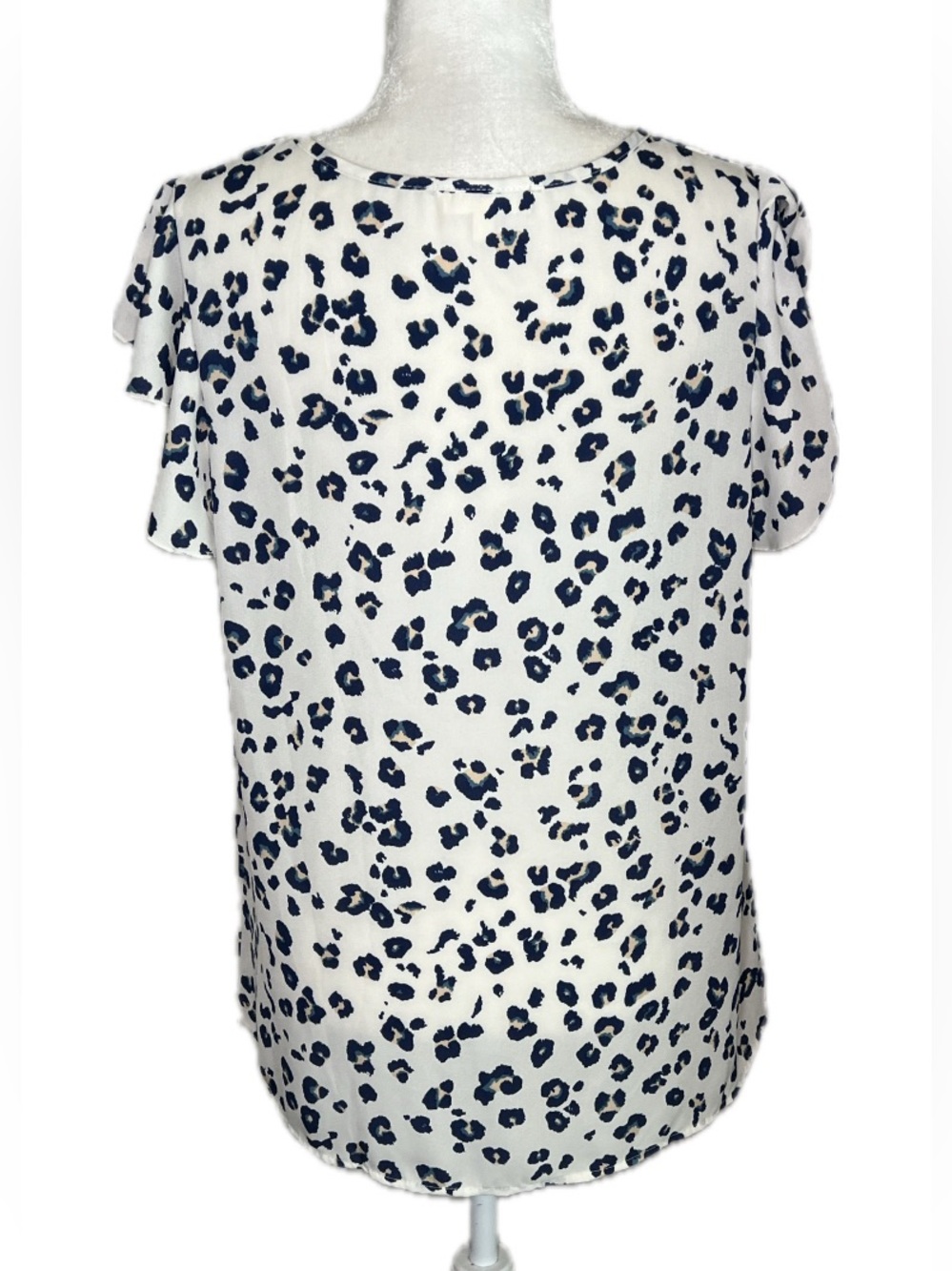 Perfect Peach White Navy Leopard Print Flutter Sleeve Top M Medium - Picture 3 of 8